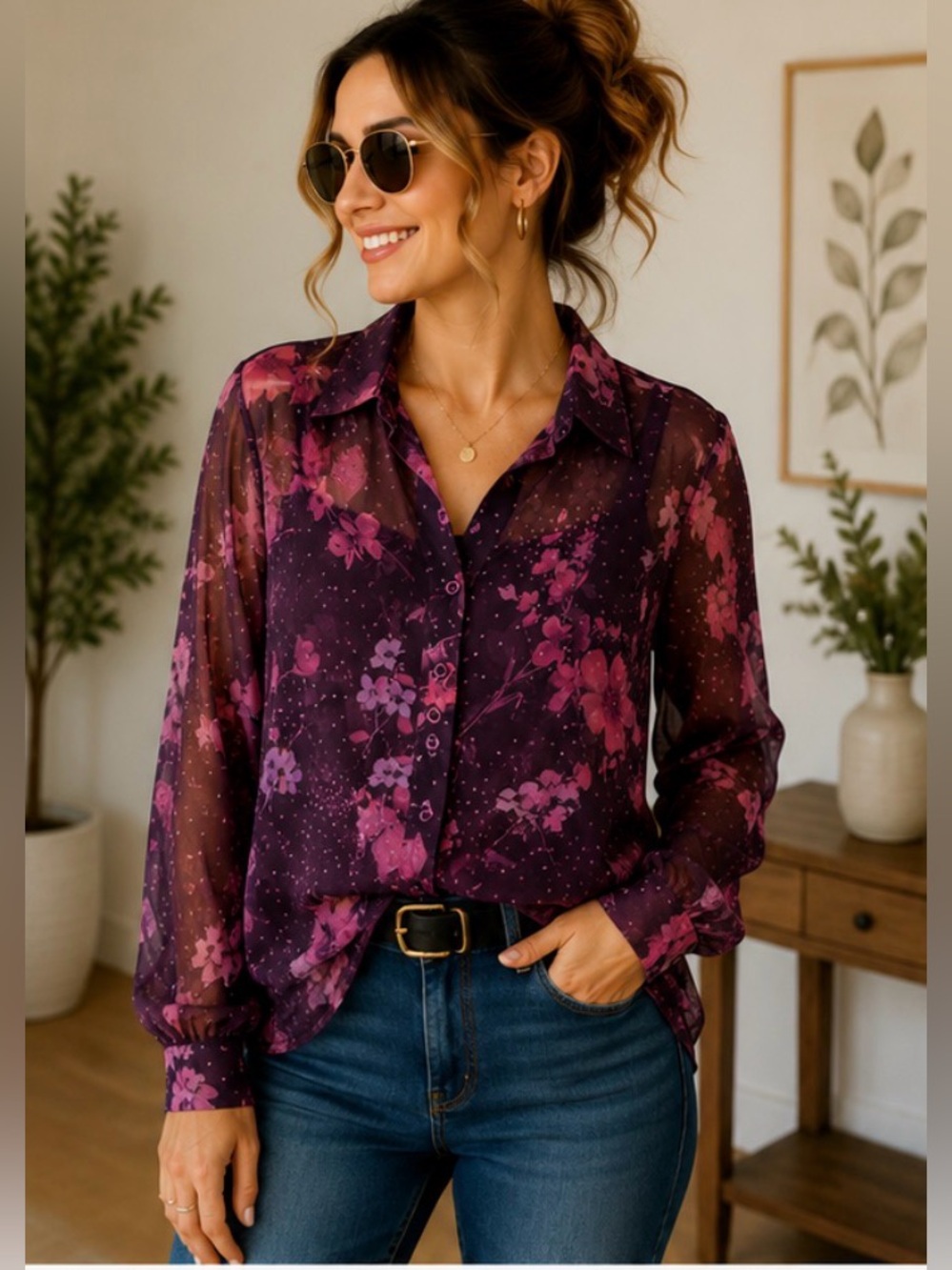 392 Draper’s & Damon’s Sheer Floral Button Blouse L Purple Sparkle shoulder Pads